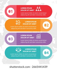 4-stufige Infografik-Vorlage mit 4 Optionen. Flussdiagramm, das für Geschäftsberichte, Datenvisualisierung und Präsentation verwendet werden kann. Infografische Elemente der Zeitleiste, Vektorgrafik.