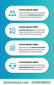 Plantilla de infografía de 4 pasos con 4 opciones. Diagrama de flujo que se puede utilizar para informes de negocio, visualización de datos y presentación. Ilustración vectorial de elementos infográficos de línea de tiempo.
