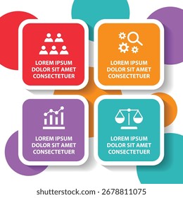 Plantilla de infografía de 4 pasos con 4 opciones. Diagrama de flujo que se puede utilizar para informes de negocio, visualización de datos y presentación. Ilustración vectorial de elementos infográficos de línea de tiempo.