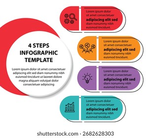 Plantilla de infografía de 4 pasos con 4 opciones. Diagrama de flujo que se puede utilizar para informes de negocio, visualización de datos y presentación. Ilustración vectorial de elementos infográficos de línea de tiempo.