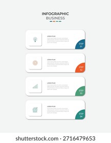 Plantilla de infografía de 4 pasos con 4 opciones. Diagrama de flujo que se puede utilizar para informes de negocio, visualización de datos y presentación. Ilustración vectorial de elementos infográficos de línea de tiempo
