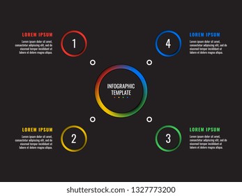 4 steps infographic template with round paper cut elements on black background. business process diagram. company presentation slide template. modern vector info graphic layout design. eps 10