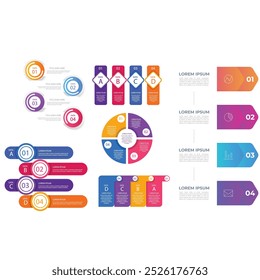 4 steps infographic template Simple vertical multi-colored squares In the center there is a semicircular text,above there are multi-colored icons,below there are numbers on a gray gradient background