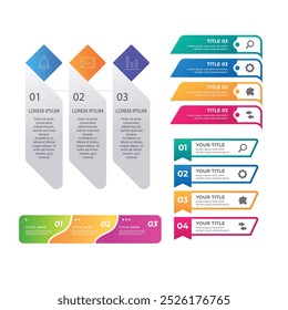 4 Schritte infografische Vorlage Einfache vertikale mehrfarbige Quadrate In der Mitte befindet sich ein halbkreisförmiger Text, oben sind mehrfarbige Symbole, unten sind Zahlen auf grauem Farbverlauf-Hintergrund