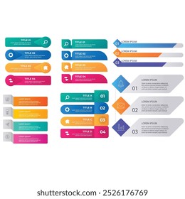 4 steps infographic template Simple vertical multi-colored squares In the center there is a semicircular text,above there are multi-colored icons,below there are numbers on a gray gradient background