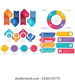 4 Schritte infografische Vorlage Einfache vertikale mehrfarbige Quadrate In der Mitte befindet sich ein halbkreisförmiger Text, oben sind mehrfarbige Symbole, unten sind Zahlen auf grauem Farbverlauf-Hintergrund