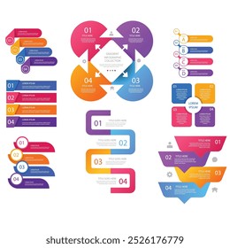 4 Schritte infografische Vorlage Einfache vertikale mehrfarbige Quadrate In der Mitte befindet sich ein halbkreisförmiger Text, oben sind mehrfarbige Symbole, unten sind Zahlen auf grauem Farbverlauf-Hintergrund