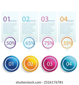 4 Schritte infografische Vorlage Einfache vertikale mehrfarbige Quadrate In der Mitte befindet sich ein halbkreisförmiger Text, oben sind mehrfarbige Symbole, unten sind Zahlen auf grauem Farbverlauf-Hintergrund