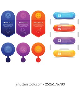 4 steps infographic template Simple vertical multi-colored squares In the center there is a semicircular text,above there are multi-colored icons,below there are numbers on a gray gradient background