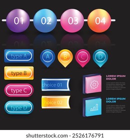 4 Schritte infografische Vorlage Einfache vertikale mehrfarbige Quadrate In der Mitte befindet sich ein halbkreisförmiger Text, oben sind mehrfarbige Symbole, unten sind Zahlen auf grauem Farbverlauf-Hintergrund