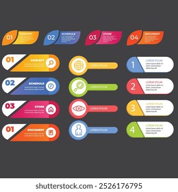 4 Schritte infografische Vorlage Einfache vertikale mehrfarbige Quadrate In der Mitte befindet sich ein halbkreisförmiger Text, oben sind mehrfarbige Symbole, unten sind Zahlen auf grauem Farbverlauf-Hintergrund