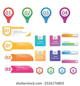 4 Schritte infografische Vorlage Einfache vertikale mehrfarbige Quadrate In der Mitte befindet sich ein halbkreisförmiger Text, oben sind mehrfarbige Symbole, unten sind Zahlen auf grauem Farbverlauf-Hintergrund