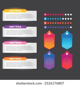 4 passos modelo infográfico Quadrados verticais simples multicoloridos No centro há um texto semicircular, acima há ícones multicoloridos, abaixo há números em um fundo de gradiente cinza