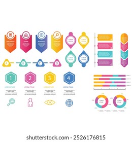 4 steps infographic template Simple vertical multi-colored squares In the center there is a semicircular text,above there are multi-colored icons,below there are numbers on a gray gradient background