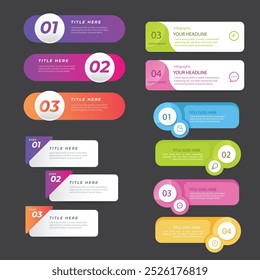 4 steps infographic template Simple vertical multi-colored squares In the center there is a semicircular text,above there are multi-colored icons,below there are numbers on a gray gradient background