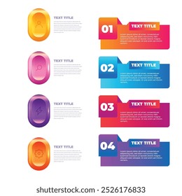 4 steps infographic template Simple vertical multi-colored squares In the center there is a semicircular text,above there are multi-colored icons,below there are numbers on a gray gradient background