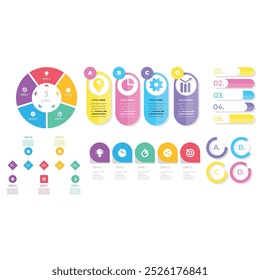 4 steps infographic template Simple vertical multi-colored squares In the center there is a semicircular text,above there are multi-colored icons,below there are numbers on a gray gradient background