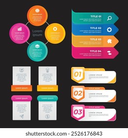 4 Schritte infografische Vorlage Einfache vertikale mehrfarbige Quadrate In der Mitte befindet sich ein halbkreisförmiger Text, oben sind mehrfarbige Symbole, unten sind Zahlen auf grauem Farbverlauf-Hintergrund