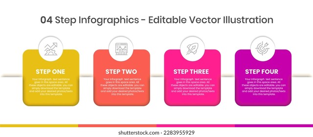 4 Steps Infographics Design Template - Graph, Pie chart, workflow layout, squire diagram, brochure, report, presentation, web design. Editable Vector illustration