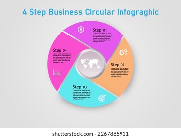 4 steps Multi colored infographic circles There is a map in the center of the circle. and many icons for business planning, finance, information