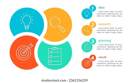 4 pasos, opción info diseño gráfico. Diagrama de infografía, diseño de gráfico. Plantilla de presentación moderna con iconos de la empresa. Ilustración vectorial.