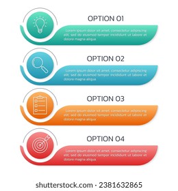 4 Stufen Option Infografik Vorlage. Präsentation, Layout-Design mit Business-Icons. Menü oder Liste mit 4 Abschnitten. Flussdiagramm, Prozessdiagramm, Layoutkonzept. Vektorgrafik.