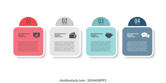 4 etapas ou opções modelo infográfico horizontal. Layout de infográfico com ícones de negócios