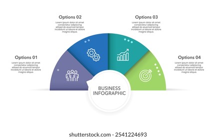 4 passos ou opções Semicírculo Infográfico Modelo. Apresentação de negócios, banner, plano, marketing e estratégia. Ilustração de vetor.