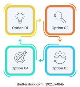 4 steps or parts infographic design with arrows and business icons. Four square ingo graphic. Presentation, information brochure, banner, workflow layout template. Vector illustration.