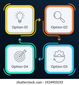 4 steps or parts infographic design with arrows and business icons. Four square ingo graphic. Presentation, information brochure, banner, workflow layout template. Vector illustration.