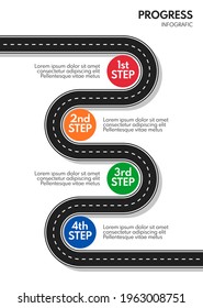 4 steps process progress or timeline, road infografic vector template