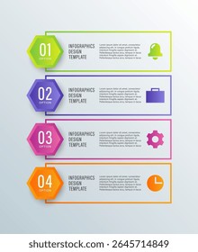 4 steps process vertical infographic template. Layout with icons and space for data.