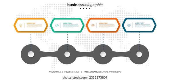 4 Steps Road map modern timeline diagram with circle topic chart and business icons
