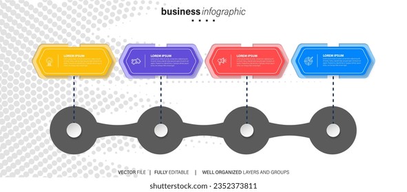 4 pasos Hoja de ruta Diagrama de línea de tiempo moderno con gráfico de temas de círculo e iconos de negocios
