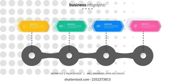 4 pasos Hoja de ruta Diagrama de línea de tiempo moderno con gráfico de temas de círculo e iconos de negocios
