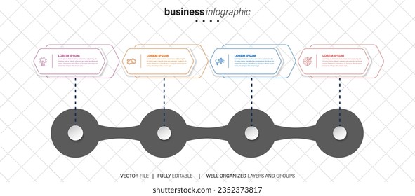 4 Steppenkarte für moderne Zeitlinien mit Kreisdiagrammen und Unternehmenssymbole
