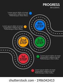 4 pasos hoja de ruta o avance de línea de tiempo infografía, plantilla vectorial, fondo oscuro