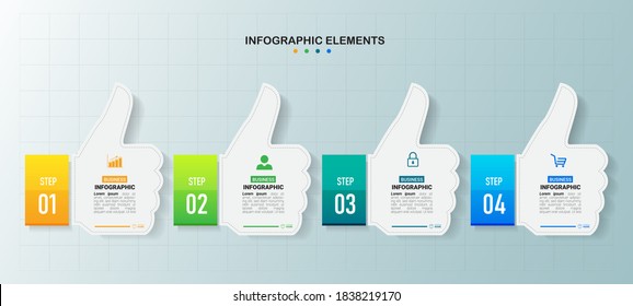 4 Steps timeline infographic with thumbs up hand shape.