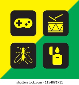 4 stick icons in vector set. lighter, military drum musical instrument, mosquito from top view and gamepad console illustration for web and graphic design
