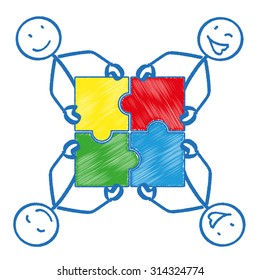 4 stick men with rectangle puzzle pieces. Eps 10 vector file.