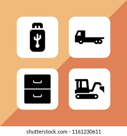 4 storage icons in vector set. document, truck, usb and transport illustration for web and graphic design