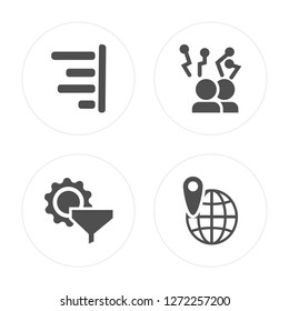 4 Strategy, Filter, Diagram, Geolocation modern icons on round shapes, vector illustration, eps10, trendy icon set.