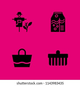 4 straw icon set with orange juice, scarecrow and beach bag vector illustration for graphic design and web
