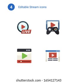 4 iconos planos de flujo establecidos aislados en . Iconos con transmisión de eventos en vivo, transmisión de juegos, reproductor de medios, iconos de videoblog.
