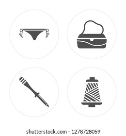 4 String bikini, Eyes makeup pencils, Female handbag, Yarn spool modern icons on round shapes, vector illustration, eps10, trendy icon set.