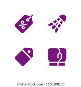4 string icons in vector set. boxing gloves, badminton and tag illustration for web and graphic design