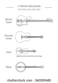4 Stringed Musical Instruments Line Icon Set