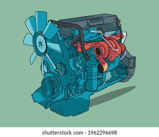 4 Stroke Diesel Engine Vector Illustration