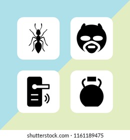 4 strong icons in vector set. kettlebells, lock, superhero and ant illustration for web and graphic design