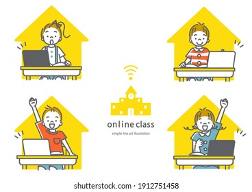 4 students on online class, simple line art illustration